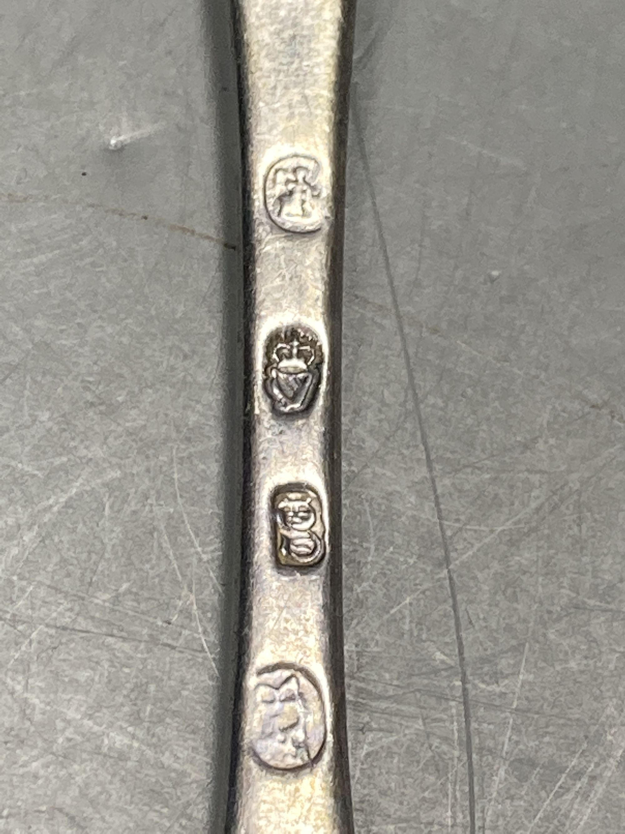A pair of George II Irish silver Hanovarian pattern table spoons by Alexander Richards?, Dublin, 1739/40, 21cm, 140 grams.